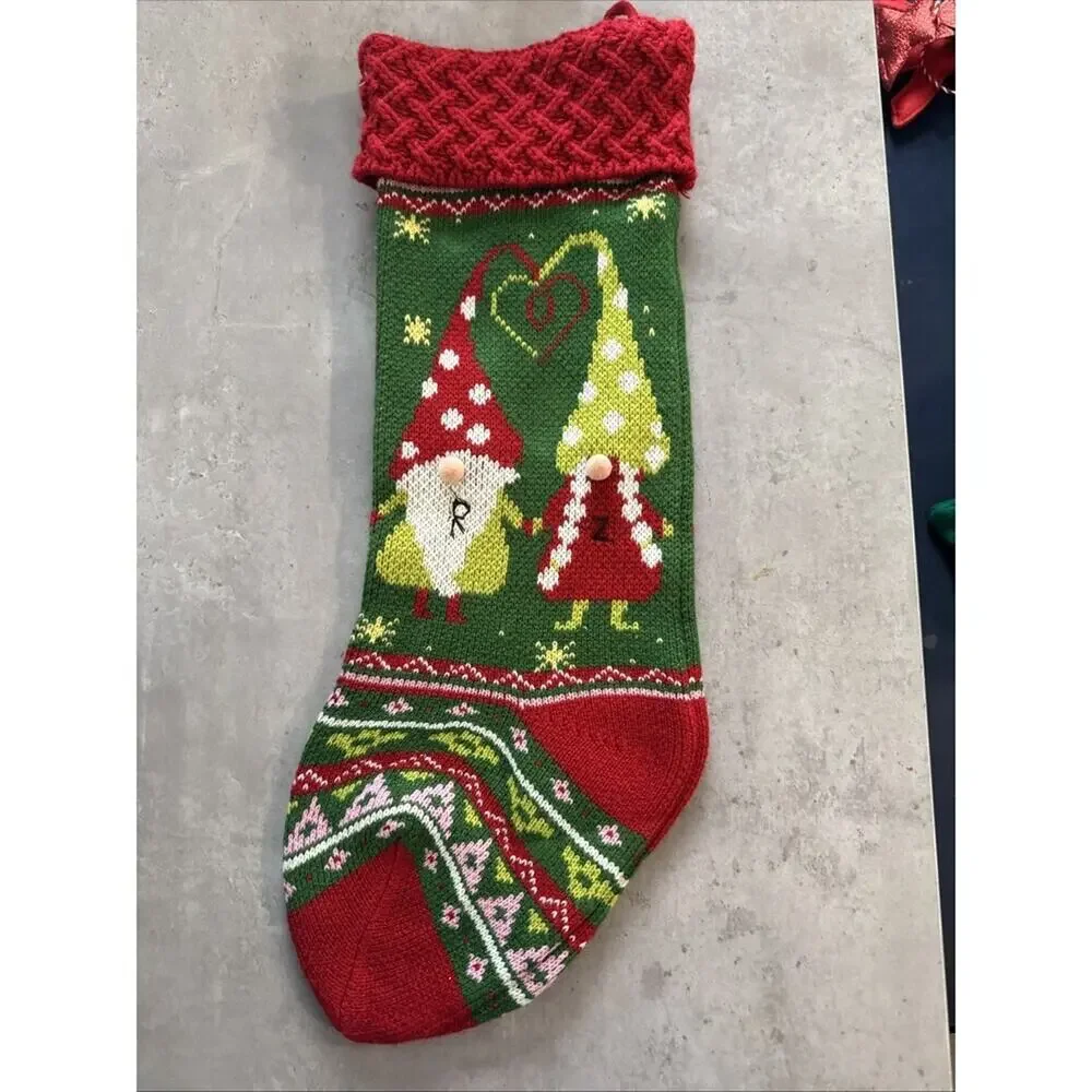 New W/out Tag World Market Knit Gnome Christmas Stocking Red & Green Hygge Pom J